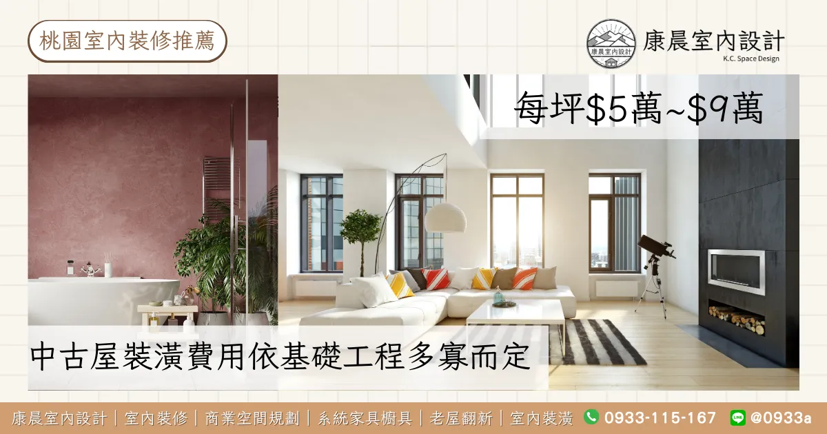 中古屋裝潢費用依基礎工程多寡而定（每坪$5萬~$9萬）